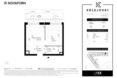 Rzut - Mieszkanie na sprzedaż 1 pokój o powierzchni 33,04 m² - numer A-02-14 w Kolejova 1