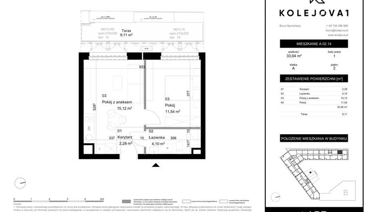 Rzut - Mieszkanie na sprzedaż 1 pokój o powierzchni 33,04 m² - numer A-02-14 w Kolejova 1