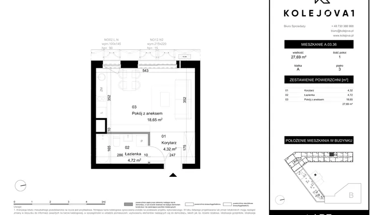 Rzut - Mieszkanie na sprzedaż 1 pokój o powierzchni 27,69 m² - numer A-03-36 w Kolejova 1