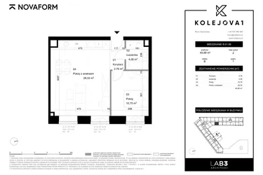 Rzut - Mieszkanie na sprzedaż 2 pokoje o powierzchni 45,89 m² - numer B-01-06 w Kolejova 1