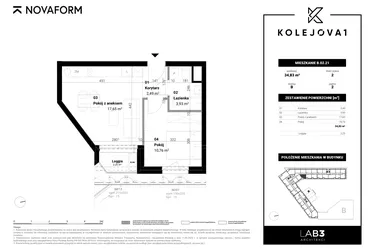 Rzut - Mieszkanie na sprzedaż 2 pokoje o powierzchni 34,83 m² - numer B-02-21 w Kolejova 1