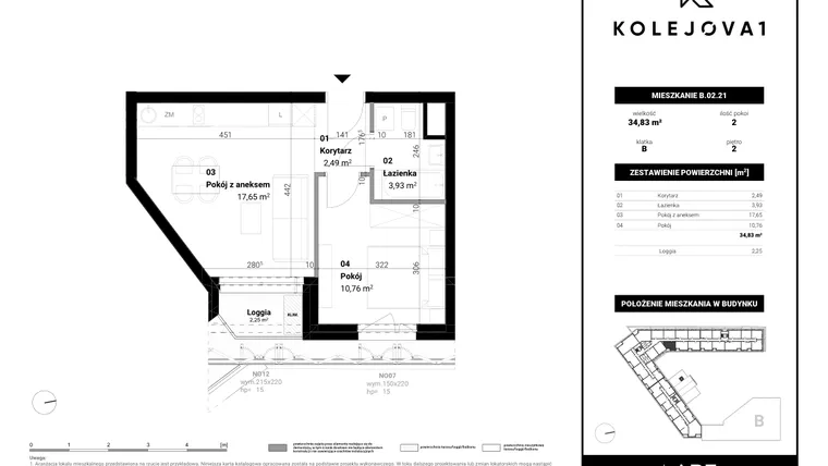 Rzut - Mieszkanie na sprzedaż 2 pokoje o powierzchni 34,83 m² - numer B-02-21 w Kolejova 1
