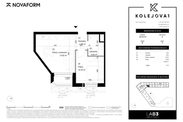 Rzut - Mieszkanie na sprzedaż 2 pokoje o powierzchni 34,83 m² - numer B-03-35 w Kolejova 1