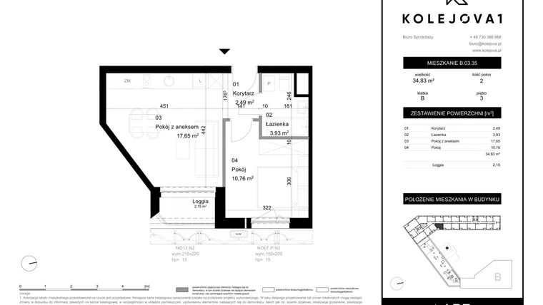 Rzut - Mieszkanie na sprzedaż 2 pokoje o powierzchni 34,83 m² - numer B-03-35 w Kolejova 1