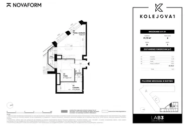 Rzut - Mieszkanie na sprzedaż 2 pokoje o powierzchni 42,7 m² - numer D-01-01 w Kolejova 1
