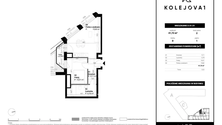 Rzut - Mieszkanie na sprzedaż 2 pokoje o powierzchni 42,7 m² - numer D-01-01 w Kolejova 1
