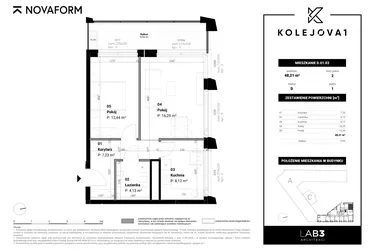 Rzut - Mieszkanie na sprzedaż 2 pokoje o powierzchni 48,21 m² - numer D-01-03 w Kolejova 1