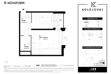 Rzut - Mieszkanie na sprzedaż 2 pokoje o powierzchni 54,35 m² - numer D-01-04 w Kolejova 1