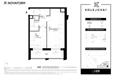 Rzut - Mieszkanie na sprzedaż 2 pokoje o powierzchni 44,18 m² - numer D-01-05 w Kolejova 1