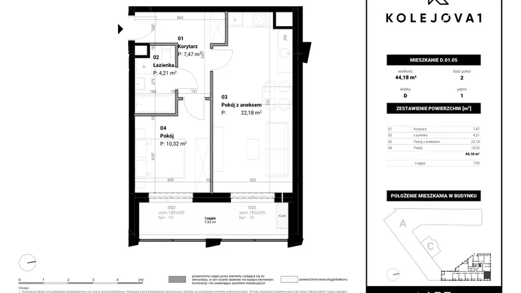 Rzut - Mieszkanie na sprzedaż 2 pokoje o powierzchni 44,18 m² - numer D-01-05 w Kolejova 1