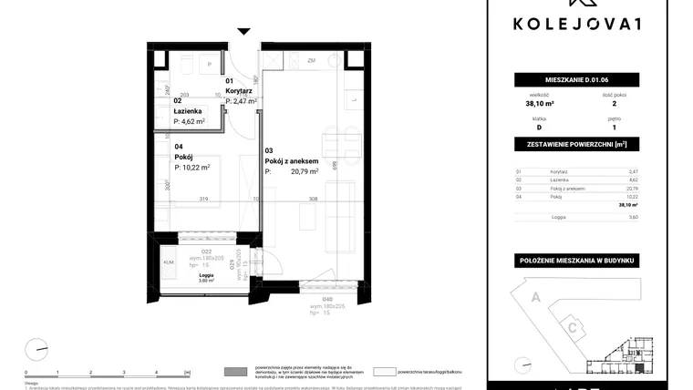 Rzut - Mieszkanie na sprzedaż 2 pokoje o powierzchni 38,1 m² - numer D-01-06 w Kolejova 1