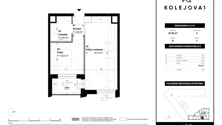Rzut - Mieszkanie na sprzedaż 2 pokoje o powierzchni 37,92 m² - numer D-01-07 w Kolejova 1