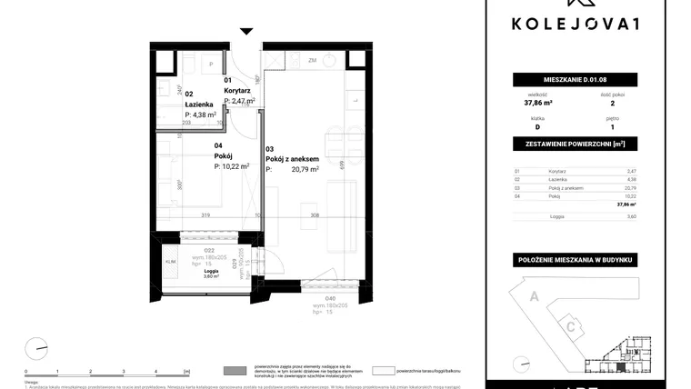 Rzut - Mieszkanie na sprzedaż 2 pokoje o powierzchni 37,86 m² - numer D-01-08 w Kolejova 1