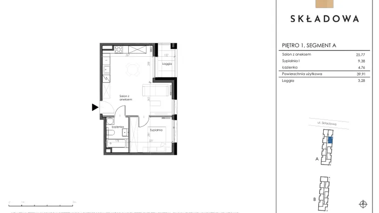Rzut - Mieszkanie na sprzedaż 2 pokoje o powierzchni 39,91 m² - numer A10 w Apartamenty Składowa