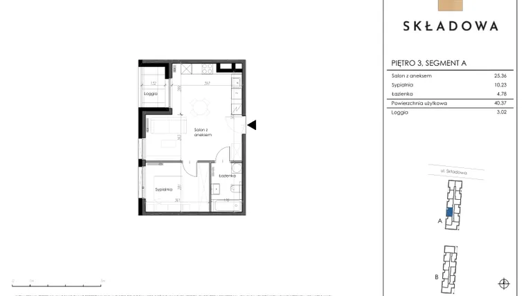 Rzut - Mieszkanie na sprzedaż 2 pokoje o powierzchni 40,37 m² - numer A25 w Apartamenty Składowa