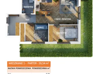Rzut - Mieszkanie na sprzedaż 3 pokoje o powierzchni 59,54 m² - numer 1 w Apartamenty Straconki 63