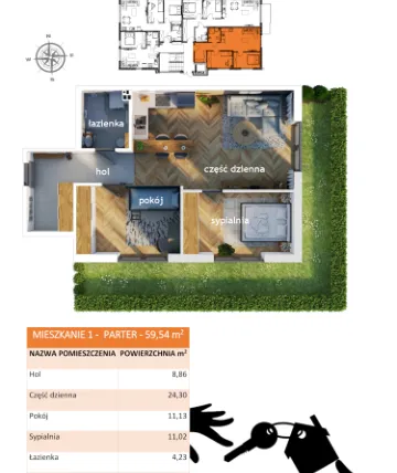 Rzut - Mieszkanie na sprzedaż 3 pokoje o powierzchni 59,54 m² - numer 1 w Apartamenty Straconki 63