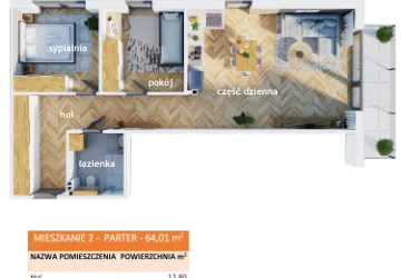 Rzut - Mieszkanie na sprzedaż 3 pokoje o powierzchni 64,01 m² - numer 2 w Apartamenty Straconki 63