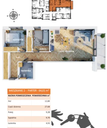 Rzut - Mieszkanie na sprzedaż 3 pokoje o powierzchni 64,01 m² - numer 2 w Apartamenty Straconki 63