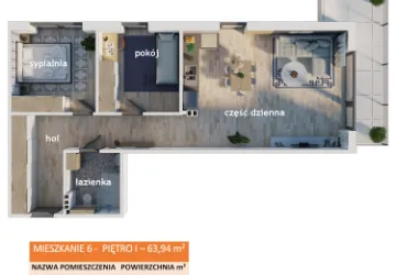 Rzut - Mieszkanie na sprzedaż 3 pokoje o powierzchni 63,94 m² - numer 6 w Apartamenty Straconki 63