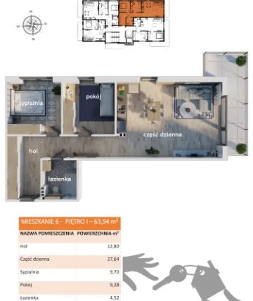 Rzut - Mieszkanie na sprzedaż 3 pokoje o powierzchni 63,94 m² - numer 6 w Apartamenty Straconki 63