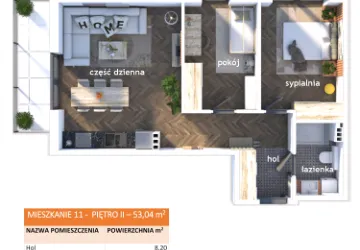 Rzut - Mieszkanie na sprzedaż 3 pokoje o powierzchni 53,04 m² - numer 11 w Apartamenty Straconki 63