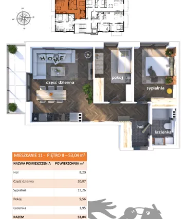 Rzut - Mieszkanie na sprzedaż 3 pokoje o powierzchni 53,04 m² - numer 11 w Apartamenty Straconki 63