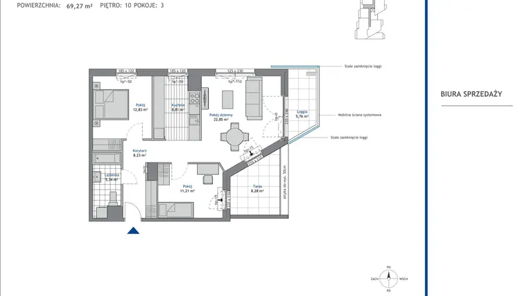 Rzut - Mieszkanie na sprzedaż 3 pokoje o powierzchni 69,27 m² - numer 10.5 w SEAHall