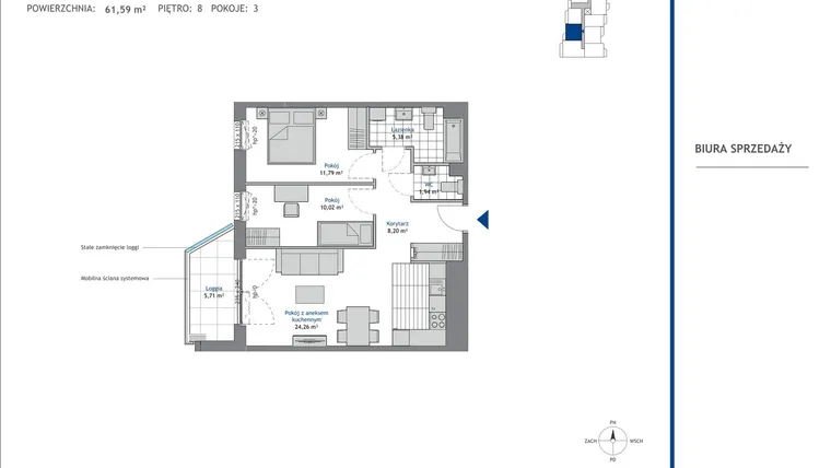 Rzut - Mieszkanie na sprzedaż 3 pokoje o powierzchni 61,59 m² - numer 8.2 w SEAHall