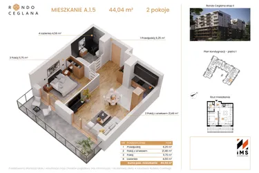Rzut - Mieszkanie na sprzedaż 2 pokoje o powierzchni 43,73 m² - numer A.1.5 w Rondo Ceglana etap II