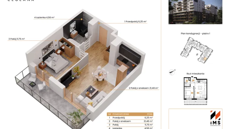 Rzut - Mieszkanie na sprzedaż 2 pokoje o powierzchni 43,73 m² - numer A.1.5 w Rondo Ceglana etap II