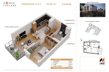Rzut - Mieszkanie na sprzedaż 2 pokoje o powierzchni 42,78 m² - numer A.2.2 w Rondo Ceglana etap II
