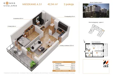 Rzut - Mieszkanie na sprzedaż 2 pokoje o powierzchni 42,86 m² - numer A.3.1 w Rondo Ceglana etap II