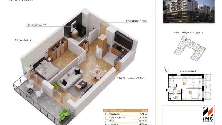Rzut - Mieszkanie na sprzedaż 2 pokoje o powierzchni 42,86 m² - numer A.3.1 w Rondo Ceglana etap II