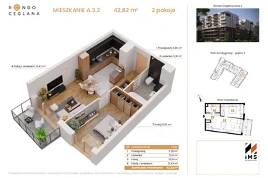 Rzut - Mieszkanie na sprzedaż 2 pokoje o powierzchni 42,69 m² - numer A.3.2 w Rondo Ceglana etap II