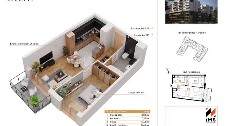 Rzut - Mieszkanie na sprzedaż 2 pokoje o powierzchni 42,69 m² - numer A.3.2 w Rondo Ceglana etap II
