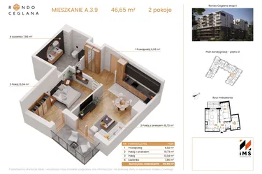 Rzut - Mieszkanie na sprzedaż 2 pokoje o powierzchni 46,6 m² - numer A.3.9 w Rondo Ceglana etap II