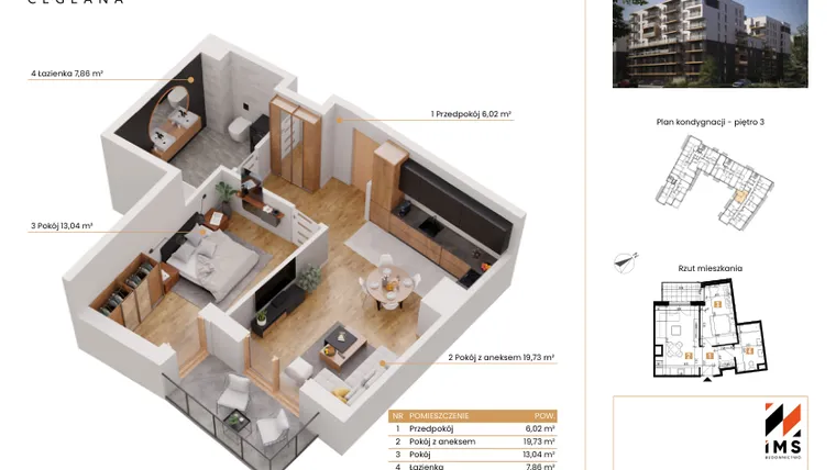 Rzut - Mieszkanie na sprzedaż 2 pokoje o powierzchni 46,6 m² - numer A.3.9 w Rondo Ceglana etap II