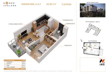 Rzut - Mieszkanie na sprzedaż 2 pokoje o powierzchni 42,75 m² - numer A.4.2 w Rondo Ceglana etap II