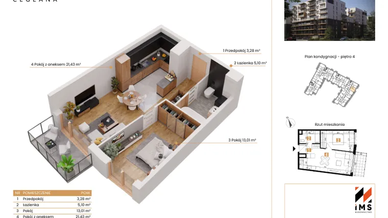 Rzut - Mieszkanie na sprzedaż 2 pokoje o powierzchni 42,75 m² - numer A.4.2 w Rondo Ceglana etap II