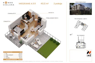 Rzut - Mieszkanie na sprzedaż 2 pokoje o powierzchni 40 m² - numer A.5.11 w Rondo Ceglana etap II
