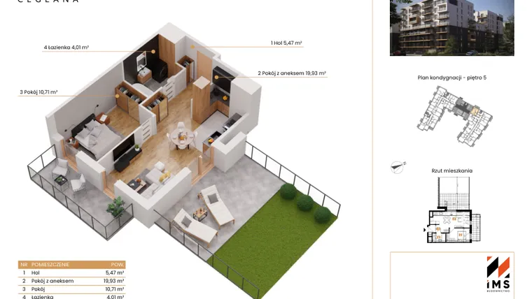 Rzut - Mieszkanie na sprzedaż 2 pokoje o powierzchni 40 m² - numer A.5.11 w Rondo Ceglana etap II