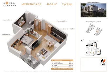 Rzut - Mieszkanie na sprzedaż 2 pokoje o powierzchni 46,5 m² - numer A.6.9 w Rondo Ceglana etap II