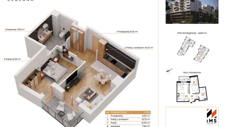Rzut - Mieszkanie na sprzedaż 2 pokoje o powierzchni 46,5 m² - numer A.6.9 w Rondo Ceglana etap II