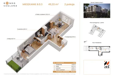 Rzut - Mieszkanie na sprzedaż 2 pokoje o powierzchni 48,55 m² - numer B.0.3 w Rondo Ceglana etap II