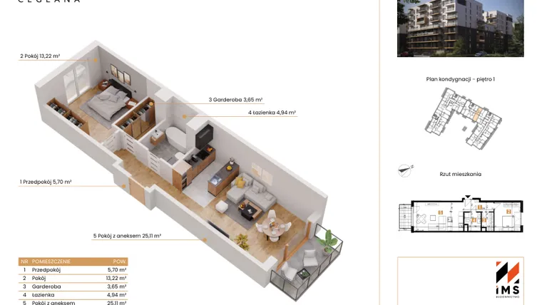 Rzut - Mieszkanie na sprzedaż 2 pokoje o powierzchni 52,54 m² - numer B.1.1 w Rondo Ceglana etap II