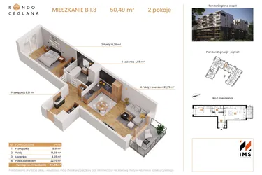Rzut - Mieszkanie na sprzedaż 2 pokoje o powierzchni 50,39 m² - numer B.1.3 w Rondo Ceglana etap II