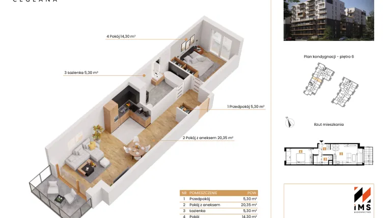 Rzut - Mieszkanie na sprzedaż 2 pokoje o powierzchni 45,11 m² - numer C.6.4 w Rondo Ceglana etap II