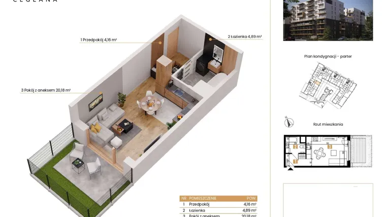 Rzut - Mieszkanie na sprzedaż 1 pokój o powierzchni 28,87 m² - numer D.0.1 w Rondo Ceglana etap II