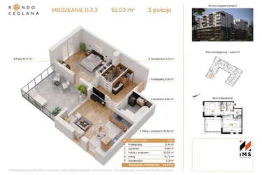 Rzut - Mieszkanie na sprzedaż 2 pokoje o powierzchni 51,89 m² - numer D.3.3 w Rondo Ceglana etap II